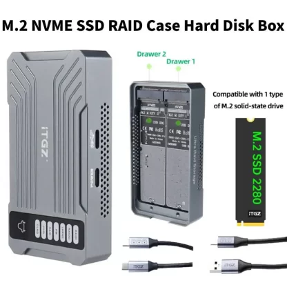 M.2 NVME SSD RAID Case Array Mobile Hard Drive Enclosure M-key Dual Bay Solid State Drive Enclosure for Windows Macbook PC