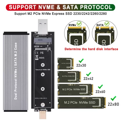 M.2 NVMe Enclosure External SSD SATA Hard Drive Disk Case USB Type-C Dual Interface USB3.1 Gen2 10Gbps for M2 NVMe PCIe/M.2 SATA