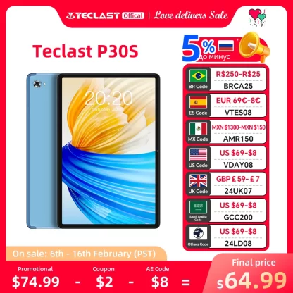 [World Premiere]Teclast P30S Tablet 10.1 Inch 1280x800 IPS Android 12 4GB RAM 64GB ROM MT8183 8 cores GPS Type-C 6000mah Metal